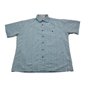 Moda Campia Shirt Mens M Blue check Short Sleeve Buttons Pocket Hawaiian